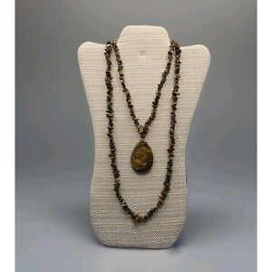 Tigers Eye Necklace Set Chip Beads & Polished Pendant Barrel Clasp on Short